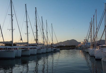 Marina di Olbia , Sardinia , Italy - August 15, 2015 : sardinia fantastic yacht in marina di olbia port at sunsetのeditorial素材