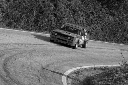 PESARO COLLE SAN BARTOLO, ITALY - OCT 12 - 2019: FIAT 131 ABARTH on an old racing car in rallyのeditorial素材