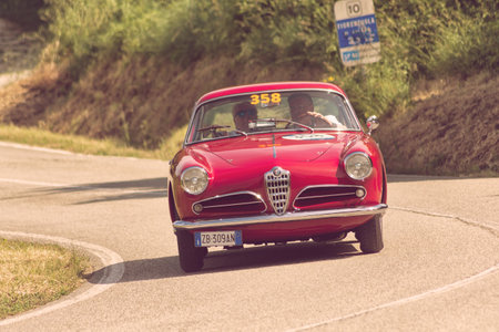 PESARO COLLE SAN BARTOLO, ITALY - MAY 17 - 2018: ALFA ROMEO 1900 C SUPER SPRINT TOURING 1954 on an old racing car in rally Mille Miglia 2018 the famous italian historical race (1927-1957)のeditorial素材