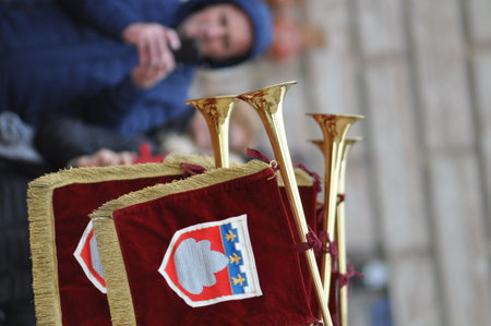 Gubbio, ITALY - 08 2019: Italian Flags-wavers, Flag-wavers, performing the traditional and antique danceのeditorial素材