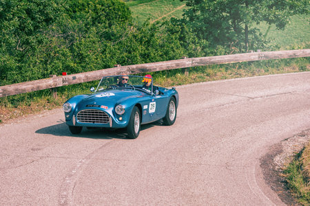 PESARO COLLE SAN BARTOLO , ITALY - MAY 17 - 2018 : A.C. ACE 1954 on an old racing car in rally Mille Miglia 2018 the famous italian historical race (1927-1957)のeditorial素材