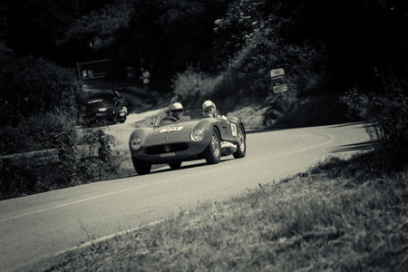 PESARO COLLE SAN BARTOLO , ITALY - MAY 17 - 2018 : MASERATI 150 S 1955 on an old racing car in rally Mille Miglia 2018 the famous italian historical race (1927-1957)のeditorial素材