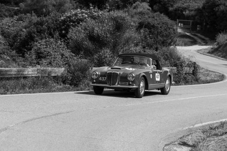 PESARO COLLE SAN BARTOLO , ITALY - MAY 17 - 2018 : LANCIA AURELIA B24 CONVERTIBILE 1957 on an old racing car in rally Mille Miglia 2018 the famous italian historical race (1927-1957)のeditorial素材