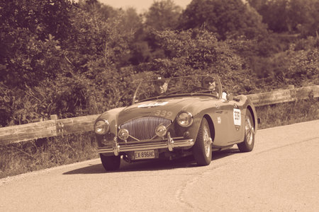 PESARO COLLE SAN BARTOLO, ITALY - MAY 17 - 2018: AUSTIN HEALEY 100/4 BN1 1954 on an old racing car in rally Mille Miglia 2018 the famous italian historical race (1927-1957)のeditorial素材