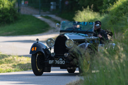 PESARO COLLE SAN BARTOLO , ITALY - MAY 17 - 2018 : BUGATTI T 40 1929 on an old racing car in rally Mille Miglia 2018 the famous italian historical race (1927-1957)のeditorial素材