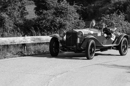 PESARO COLLE SAN BARTOLO , ITALY - MAY 17 - 2018 : ALFA ROMEO 6C 1500 SUPER SPORT 1928 on an old...