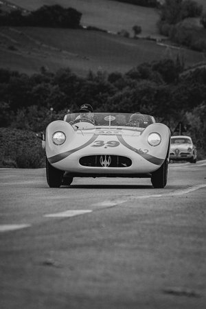 CAGLI, ITALY - OCT 24 - 2020: MASERATI 200 SI 1956 on an old racing car in rally Mille Miglia 2020...