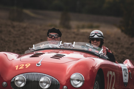 CAGLI, ITALY - OCT 24 - 2020: CISITALIA 202 SMM SPIDER NUVOLARI 1947 on an old racing car in rally Mille Miglia 2020 the famous italian historical race (1927-1957)のeditorial素材