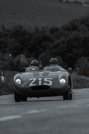 CAGLI, ITALY - OCT 24 - 2020: OSCA S187 / 750 1956 on an old racing car in rally Mille Miglia 2020 the famous italian historicalのeditorial素材