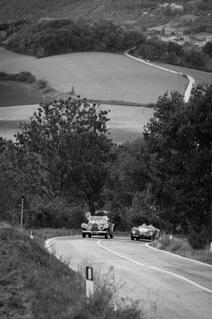 CAGLI, ITALY - OCT 24 - 2020: ASTON MARTIN DB 2 1952 on an old racing car in rally Mille Miglia 2020 the famous italian historical race (1927-1957)のeditorial素材
