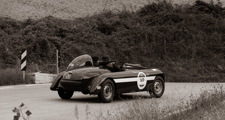 CAGLI, ITALY - OCT 24 - 2020: ASTON MARTIN DB 2 1952 on an old racing car in rally Mille Miglia 2020...