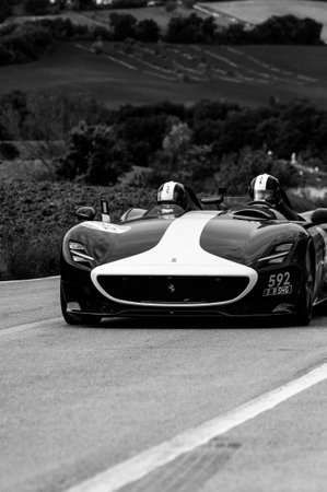 CAGLI, ITALY - OCT 24 - 2020: FERRARI MONZA MONZA SP1 on an old racing car in rally Mille Miglia 2020 the famous italian historical race (1927-1957)のeditorial素材