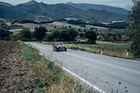 CAGLI, ITALY - OCT 24 - 2020: CISITALIA 202 SC BERLINETTA PININ FARINA 1948 on an old racing car in rally Mille Miglia 2020 the famous italian historical race (1927-1957)のeditorial素材