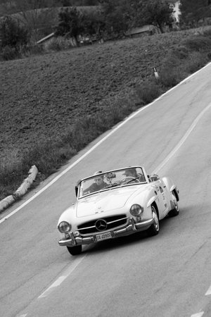 CAGLI, ITALY - OCT 24 - 2020: MERCEDES-BENZ 190 SL 1956 on an old racing car in rally Mille Miglia...