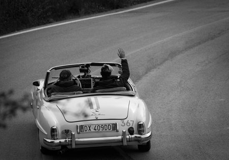 CAGLI, ITALY - OCT 24 - 2020: MERCEDES-BENZ 190 SL 1956 on an old racing car in rally Mille Miglia...