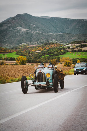 CAGLI, ITALY - OCT 24 - 2020: BUGATTI T35 1925 on an old racing car in rally Mille Miglia 2020 the famous italian historical race (1927-1957)のeditorial素材