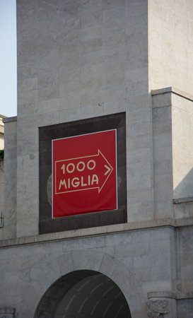 Italy - Sep 24 2020: Piazza della Vittoria (Victory Square) in Brescia, Italy with mille miglia indicationのeditorial素材