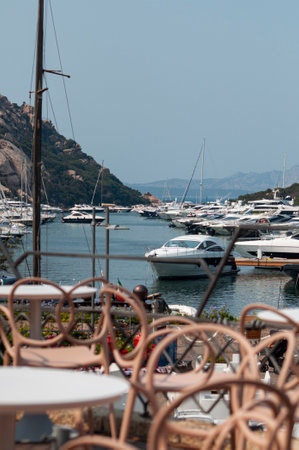 italy, porto quatu, 20 -08-2021: Splendid view of Poltu Quatu port and bay with luxury yachtsのeditorial素材