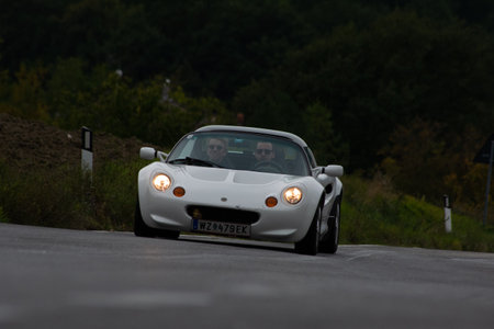 CAGLI, ITALY - OCT 24 - 2020: LOTUS elise on an old racing car in rally Mille Miglia 2020 the famous italian historical race (1927-1957)のeditorial素材