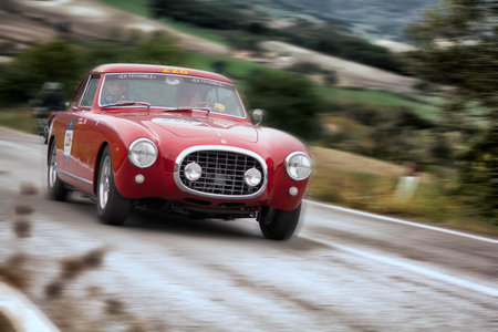 CAGLI, ITALY - OCT 24 - 2020: FERRARI 212 INTER EUROPA 1953 on an old racing car in rally Mille Miglia 2020 the famous italian historical race (1927-1957)のeditorial素材
