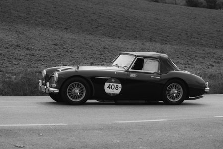 CAGLI, ITALY - OCT 24 - 2020: AUSTIN HEALEY 100 6 1957 an old racing car in rally Mille Miglia 2020 the famous italian historical raceのeditorial素材