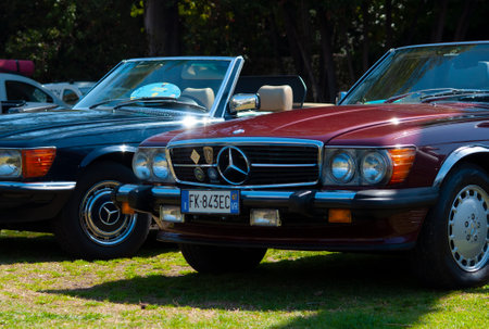 ITALY, BARDOLINO - APRIL 10, 2022: a few Youngtimer carmercedes pagoda in expositin in Italy