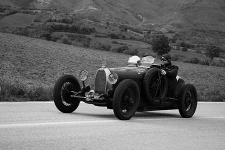 CAGLI, ITALY - OCT 24 - 2020: BUGATTI T37 A on an old racing car in rally Mille Miglia 2020 the...
