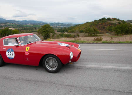 CAGLI, ITALY - OCT 24 - 2020: FERRARI 250 MM BERLINETTA PININFARINA on an old racing car in rally...