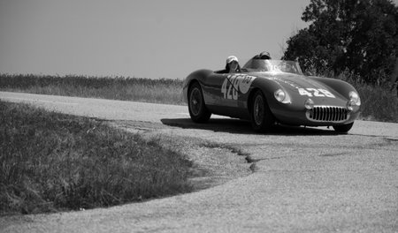 URBINO, ITALY - JUN 16 - 2022: OSCA MT 4 1500 2AD 1954 on an old racing car in rally Mille Miglia 2022 the famous italian historical race (1927-1957)のeditorial素材