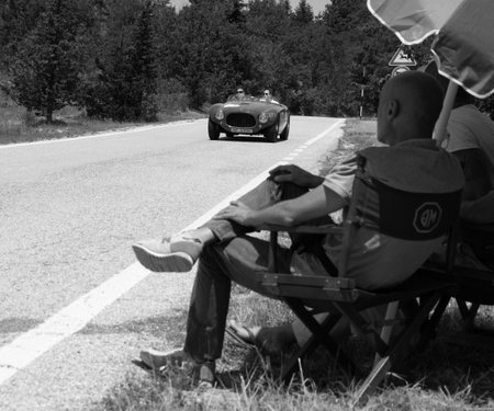 URBINO, ITALY - JUN 16 - 2022: FERRARI 250 MM SPIDER VIGNALE 1953 on an old racing car in rally Mille Miglia 2022 the famous italian historical race (1927-1957)のeditorial素材