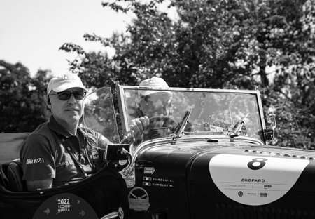 URBINO, ITALY - JUN 16 - 2022: OM 665 S MM SUPERBA 2000 1929 on an old racing car in rally Mille Miglia 2022 the famous italian historical race (1927-1957)のeditorial素材