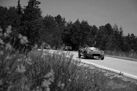 URBINO, ITALY - JUN 16 - 2022: STANGUELLINI 1100 SPORT 1949 on an old racing car in rally Mille Miglia 2022 the famous italian historical race (1927-1957のeditorial素材