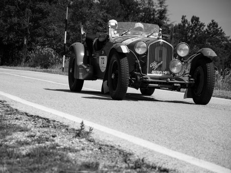 URBINO, ITALY - JUN 16 - 2022: ALFA ROMEO 8C 2300 LE MANS 1932 on an old racing car in rally Mille Miglia 2022 the famous italian historical race (1927-1957のeditorial素材