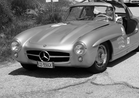 URBINO - ITALY - JUN 16 - 2022: MERCEDES BENZ 300 SL (W 198) 1955 on an old racing car in rally...