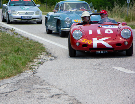 URBINO - ITALY - JUN 16 - 2022: PORSCHE 550 SPYDER RS 1955 on an old racing car in rally Mille Miglia 2022 the famous italian historical race (1927-1957のeditorial素材