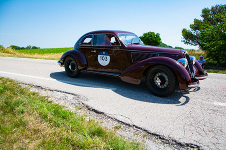 ITALY - JUN 16 - 2022: ALFA ROMEO 6C 2300 B MM BERLINETTA TOURING 1937 on an old racing car in rally Mille Miglia 2022 the famous italian historical race (1927-1957のeditorial素材