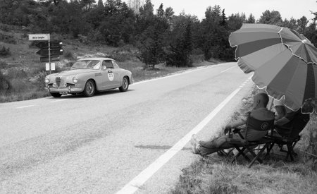 URBINO - ITALY - JUN 16 - 2022: ALFA ROMEO 1900 SS on an old racing car in rally Mille Miglia 2022 the famous italian historical race (1927-1957のeditorial素材