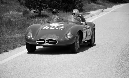 URBINO - ITALY - JUN 16 - 2022: ERMINI 357 SPORT 1500 SCAGLIETTI 1955 on an old racing car in rally Mille Miglia 2022 the famous italian historical race (1927-1957のeditorial素材