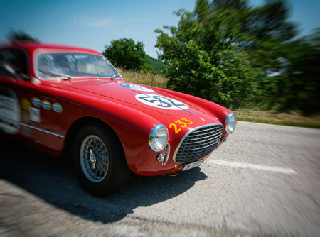 URBINO - ITALY - JUN 16 - 2022: FERRARI 195 INTER COUPE GHIA 1951 on an old racing car in rally Mille Miglia 2022 the famous italian historical race (1927-1957のeditorial素材