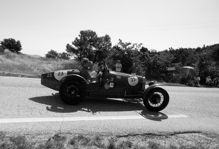 URBINO - ITALY - JUN 16 - 2022 : BUGATTI T37 1927 on an old racing car in rally Mille Miglia 2022...