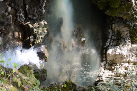 waterfall of Pioraco, Italy, landscape waterfall in the forest apennines montainの写真素材
