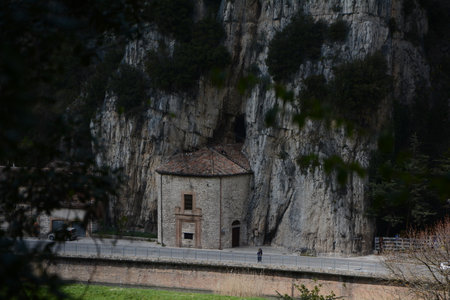 view of Pioraco medieval village in the marche region, Italy apennines mantainの写真素材