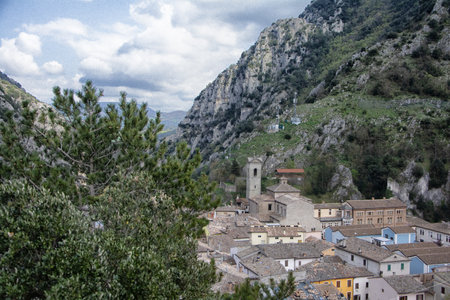 view of Pioraco medieval village in the marche region, Italy apennines mantainの写真素材
