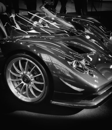 Bologna, ITALY - 24 OCT - 2025 :The Pagani Zonda shines in deep blue carbon fiber, displaying exceptional craftsmanship, aerodynamic curves, and luxury detailingのeditorial素材