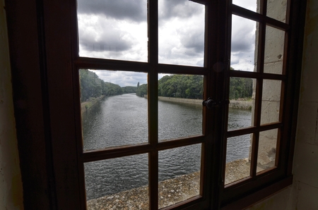 Castle of Chenonceau, Loire region, France. Taken June 27, 2017. Interior of the castle, view of the river Cher.のeditorial素材