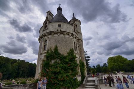 Castle of Chenonceau, Loire region, France. Snap of June 27, 2017. View of the Torre dei Marques, sky with stormy cloudsのeditorial素材