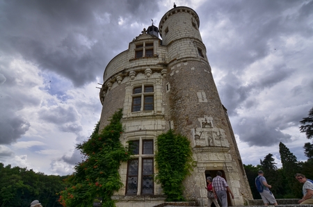 Castle of Chenonceau, Loire region, France. Snap of June 27, 2017. View of the Torre dei Marques, sky with stormy cloudsのeditorial素材