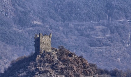 Ussel fraction of Chatillon, Valle d'Aosta, Italy 11 February 2018. Shot taken from the valley, near the castle of Gamba towards the castle of Ussel.のeditorial素材