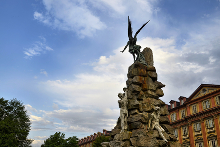 Turin, Piedmont region. Italy, September 2018. Piazza statuto, details of the monument dedicated to the Frejus Tunnel. It is located in the center of the square with a fountain that surrounds it.のeditorial素材