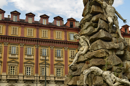 Turin, Piedmont region. Italy, September 2018. Piazza statuto, details of the monument dedicated to the Frejus Tunnel. It is located in the center of the square with a fountain that surrounds it.のeditorial素材